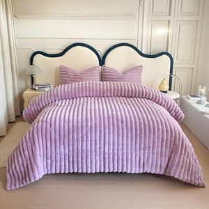 Lavender Soft Faux Fur Bedding Set Striped Comforter Shams Queen Size Bed New